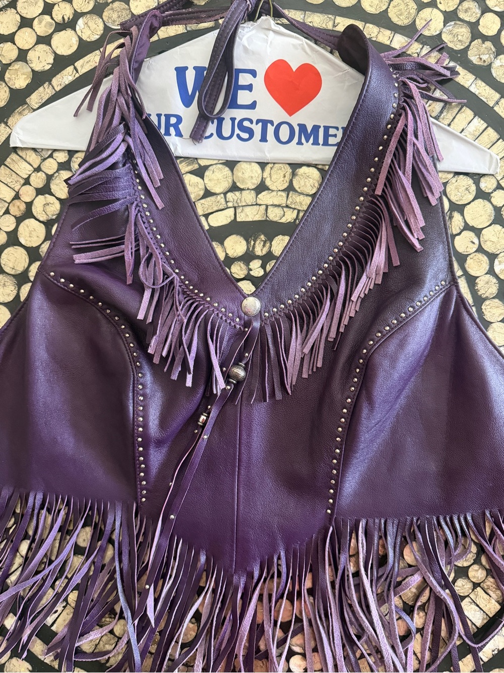 Vintage Purple Leather Fringe Studded Halter Top